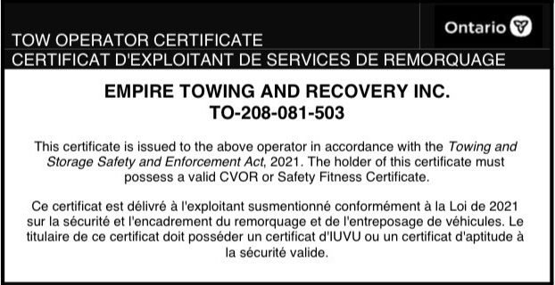 Ontario Tow Operator Certificate TO-208-081-503 issued to Empire Towing and Recovery Inc.