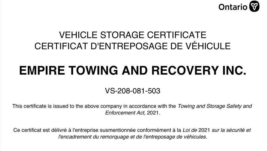 Ontario Vehicle Storage Certificate VS-208-081-503 issued to Empire Towing and Recovery Inc.